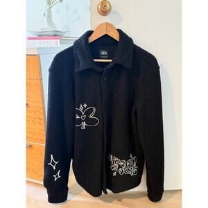 ZARA Black Teddy Fleece Jacket 🖤 Streetwear Graphic Sherpa Coat Unity Crew